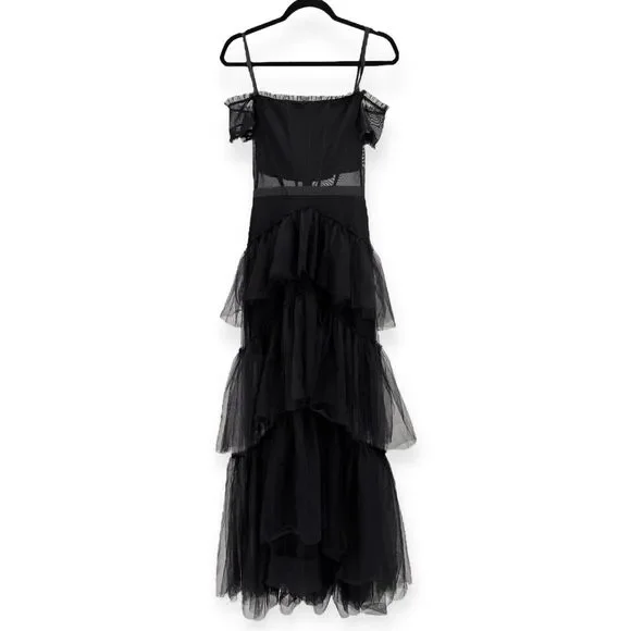Betsy & Adam Black Off The Shoulder‎ Corset Tiered Tulle Evening Dress - Size 0